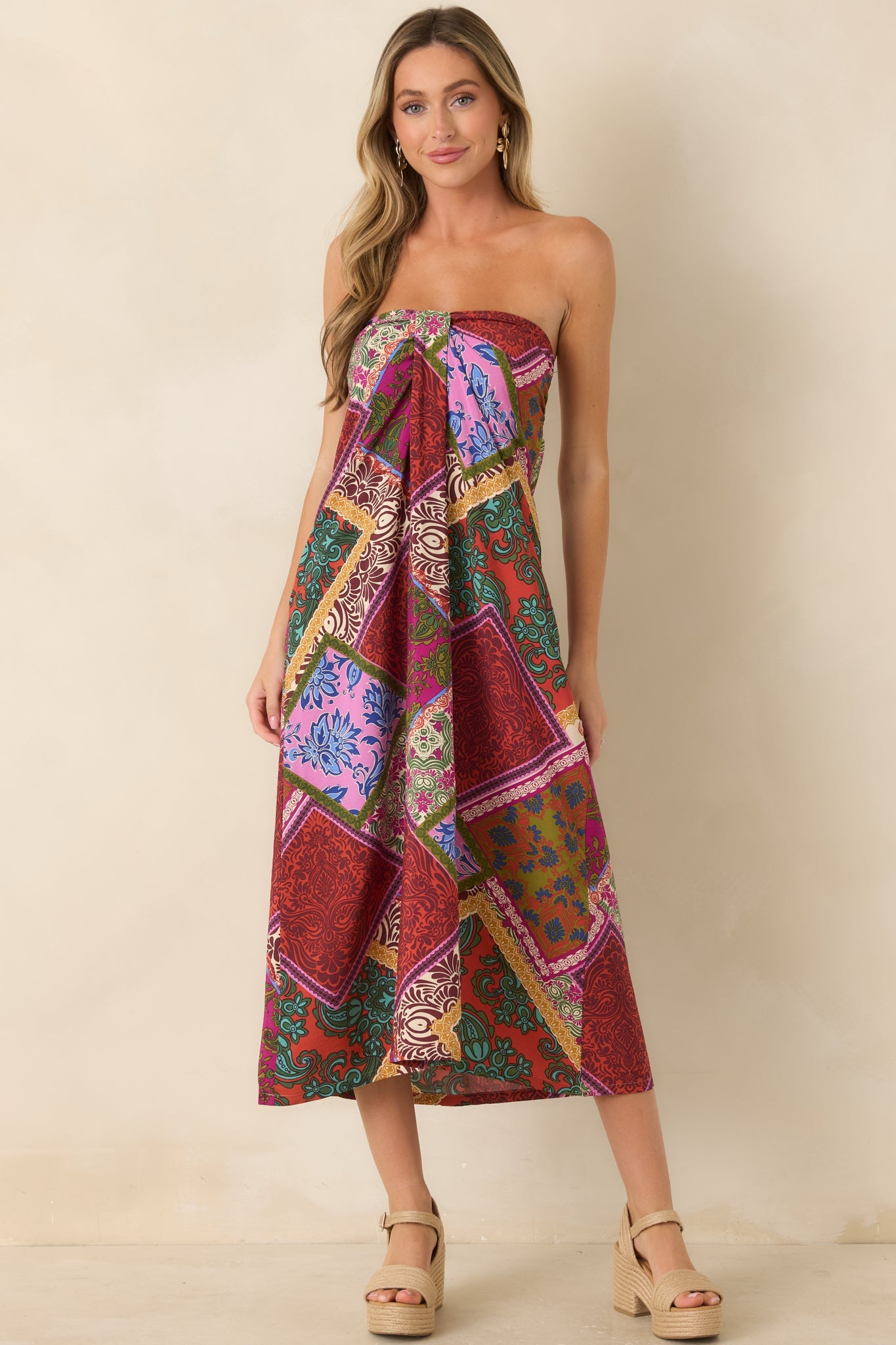 Everyone Knows Red Multi Patchwork Print Rayon Strapless Midi Dress