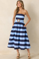 The Amanda Navy & Light Blue Stripe Cotton Strapless Midi Dress