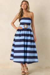 The Amanda Navy & Light Blue Stripe Cotton Strapless Midi Dress