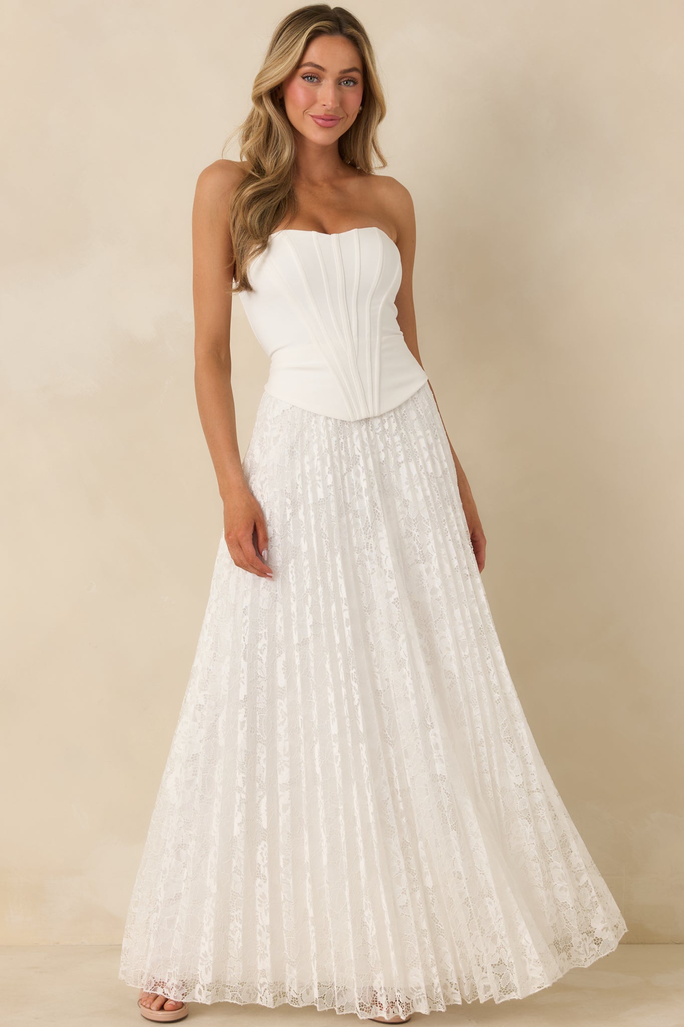 Say Yes to This White Corset Bodice & Pleated Lace Maxi Dress