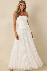 Say Yes to This White Corset Bodice & Pleated Lace Maxi Dress