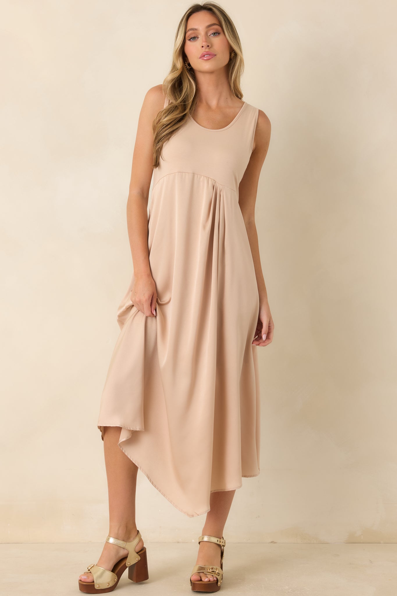 Easy Confidence Champagne Knit & Satin Sleeveless Midi Dress