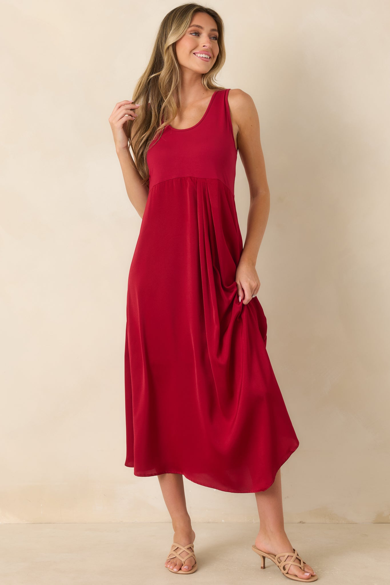 Easy Confidence Red Knit & Satin Sleeveless Midi Dress