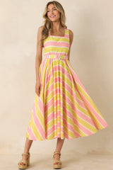 Sunbeam Days Yellow & Pink Stripe Cotton Belted Midi Dress