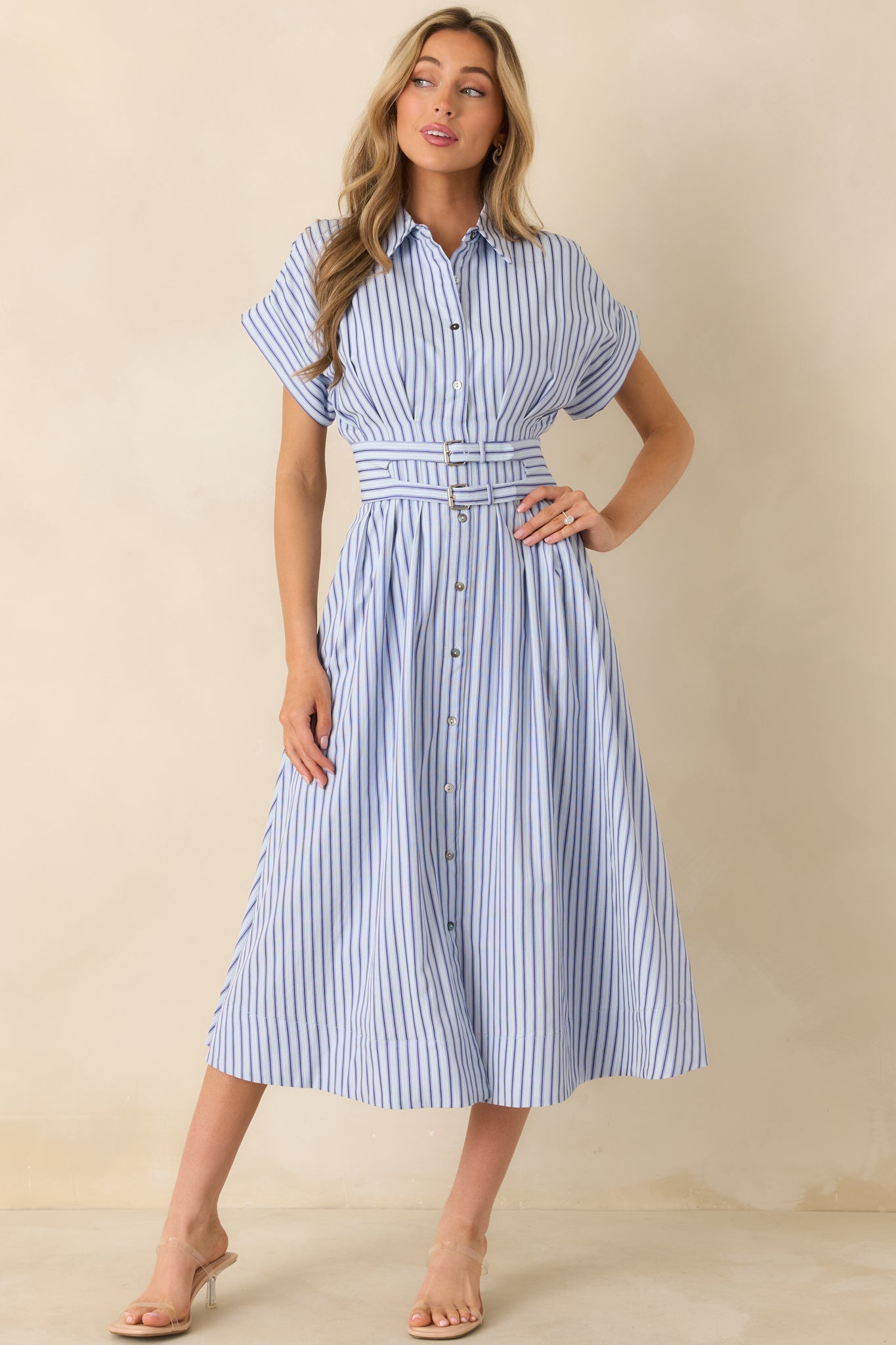What's to Come Blue Stripe Belted Button Front Midi Dress