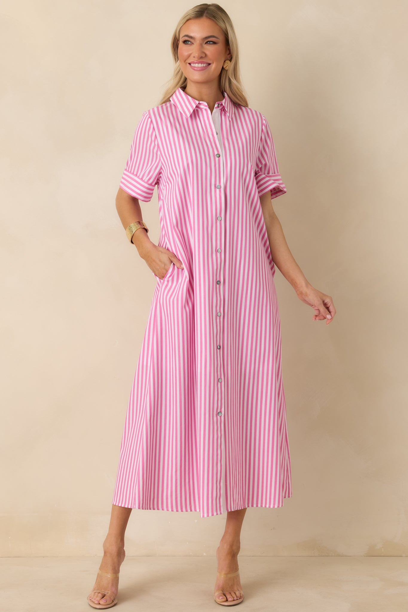 Pretty in Pinstripes Pink Cotton Stripe Button Front Maxi Shirt Dress