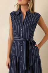 Always On Course Navy Striped Button Front Midi Dress