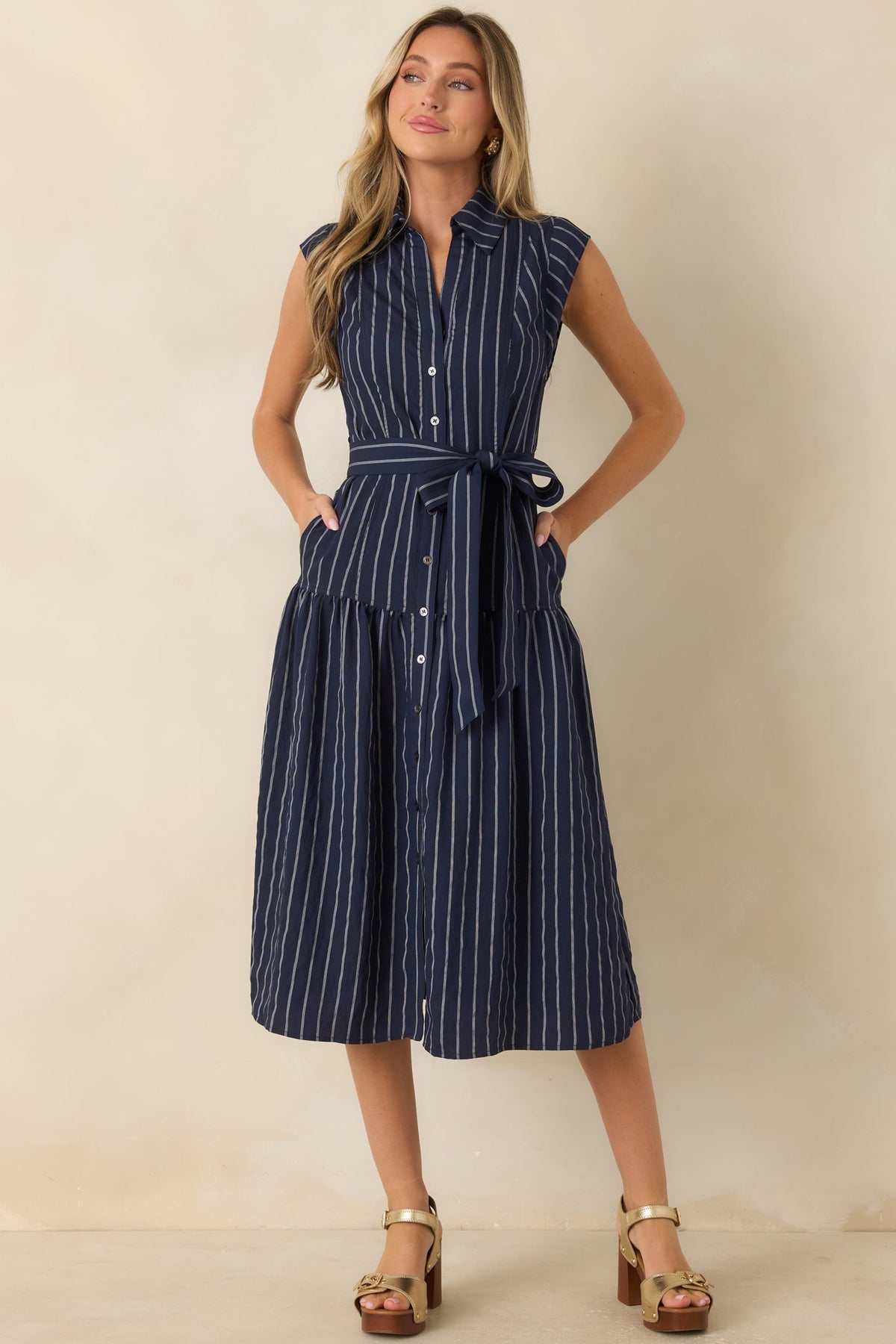 Always On Course Navy Striped Button Front Midi Dress