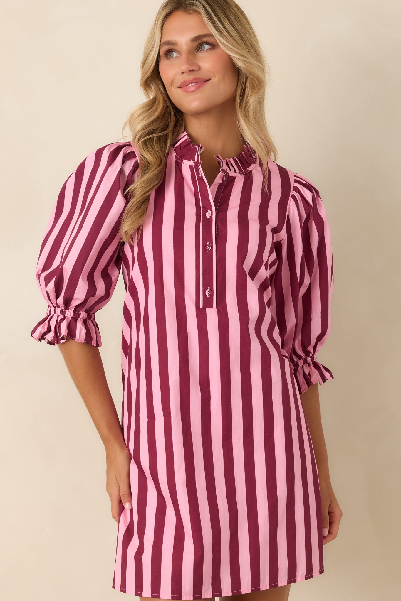 Here's the Plan Pink & Wine Stripe Cotton Mini Shift Dress