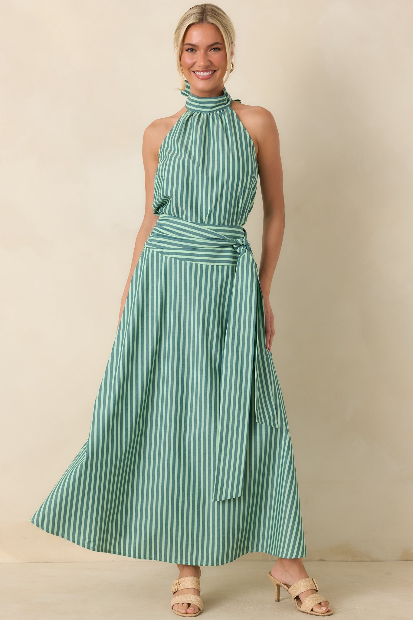 FRNCH Crescenzo Green Stripe Cotton Tie-Neck Halter Top