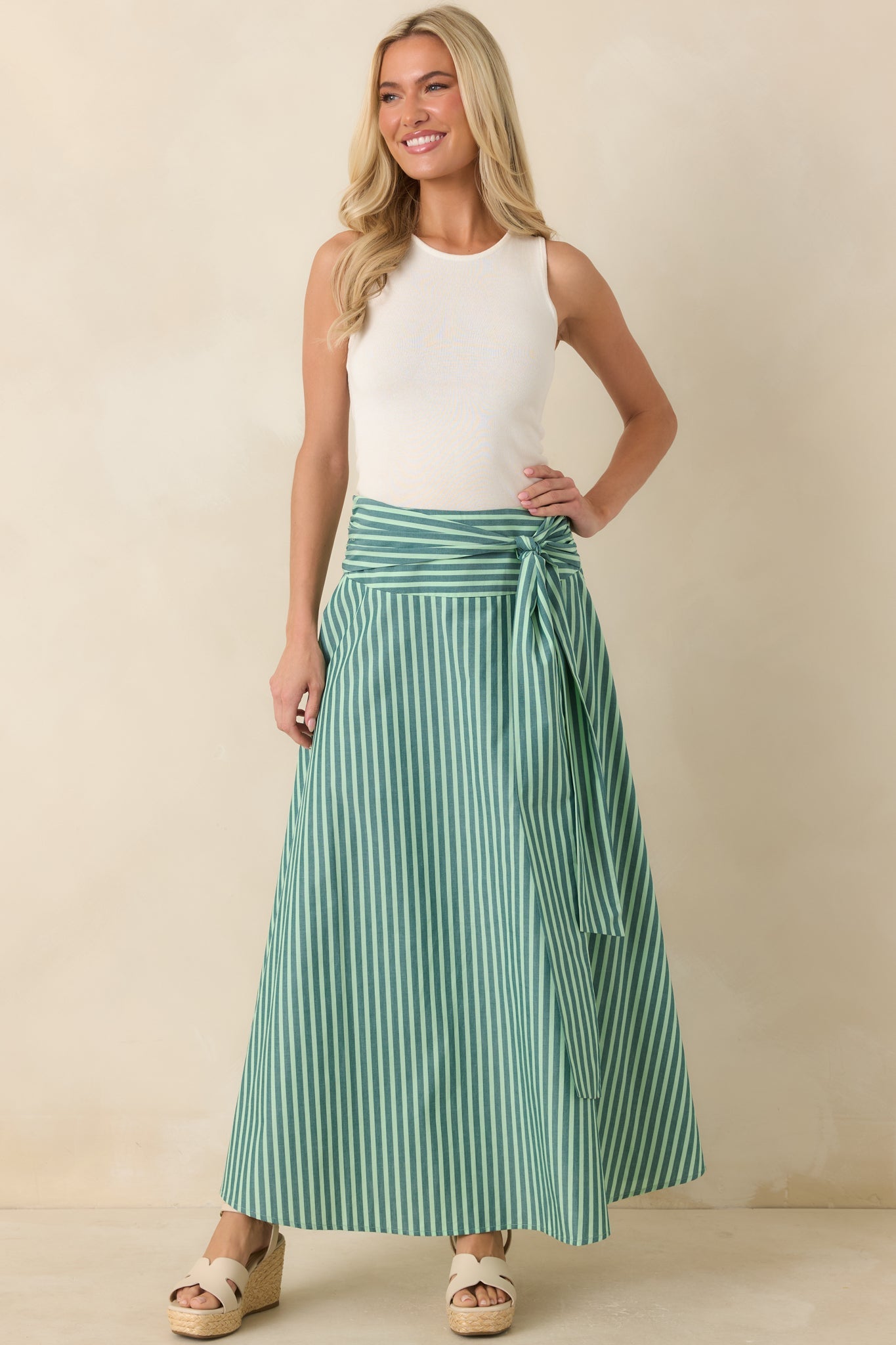FRNCH Carmine Green Stripe Cotton Maxi Skirt