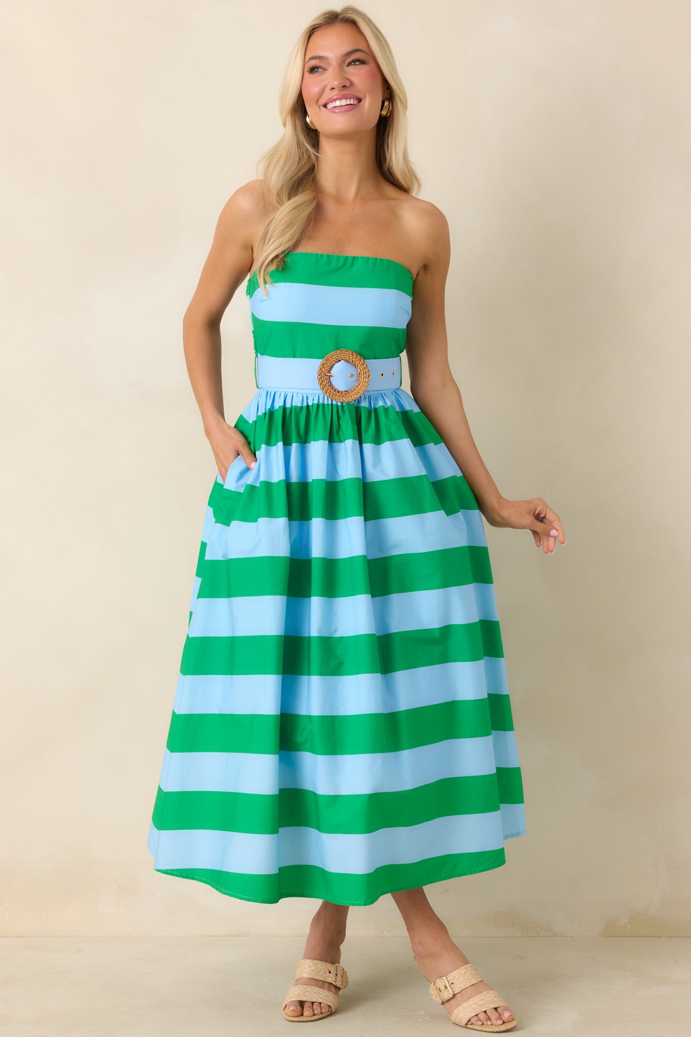 The Amanda Green & Light Blue Stripe Cotton Strapless Midi Dress