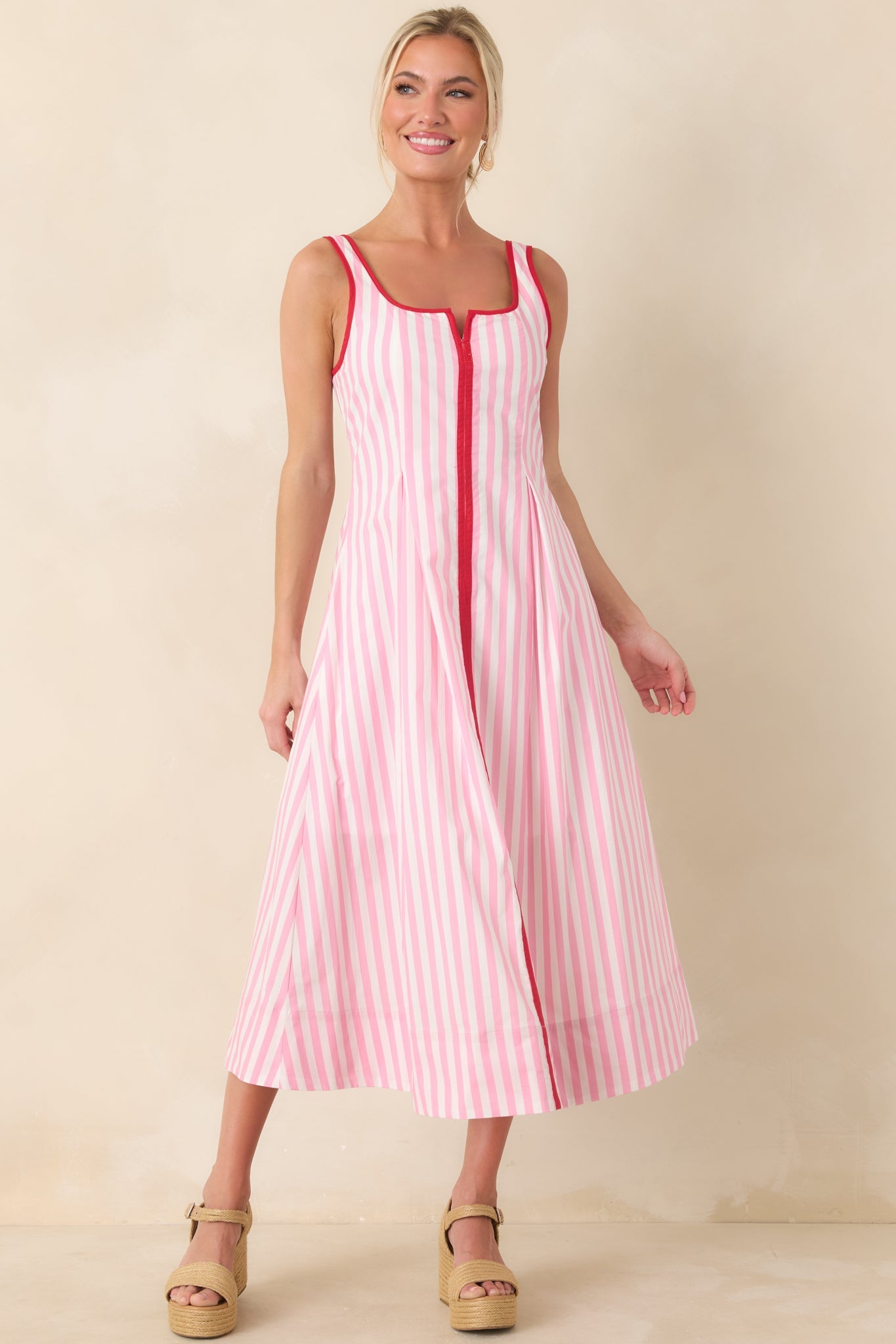 All Smiles Pink & White Stripe Midi Dress