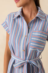 Prosperina Jules Blue & Red Stripe Cotton Midi Shirt Dress