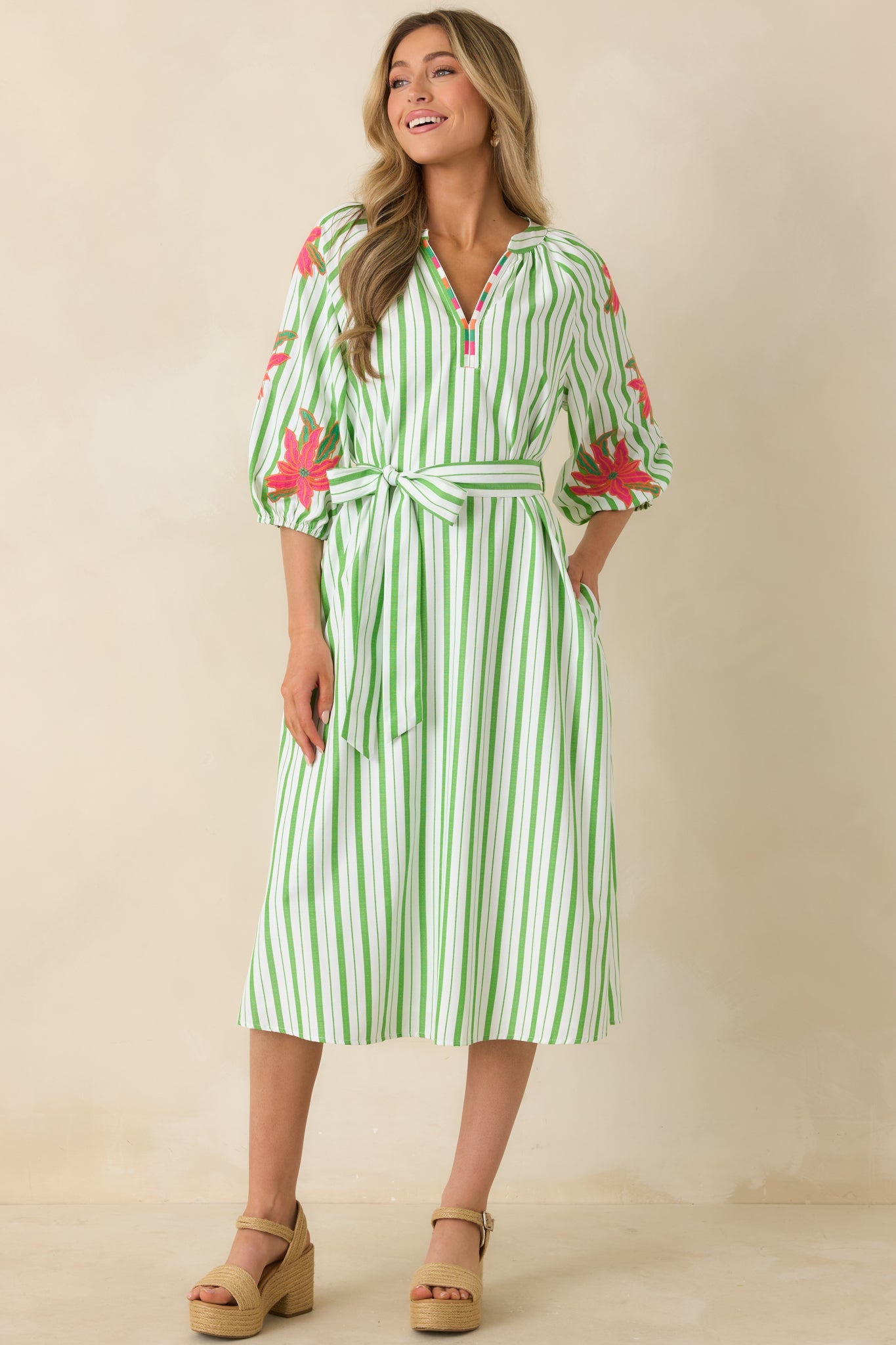 Having a Bright Outlook Green Stripe Floral Midi Dress