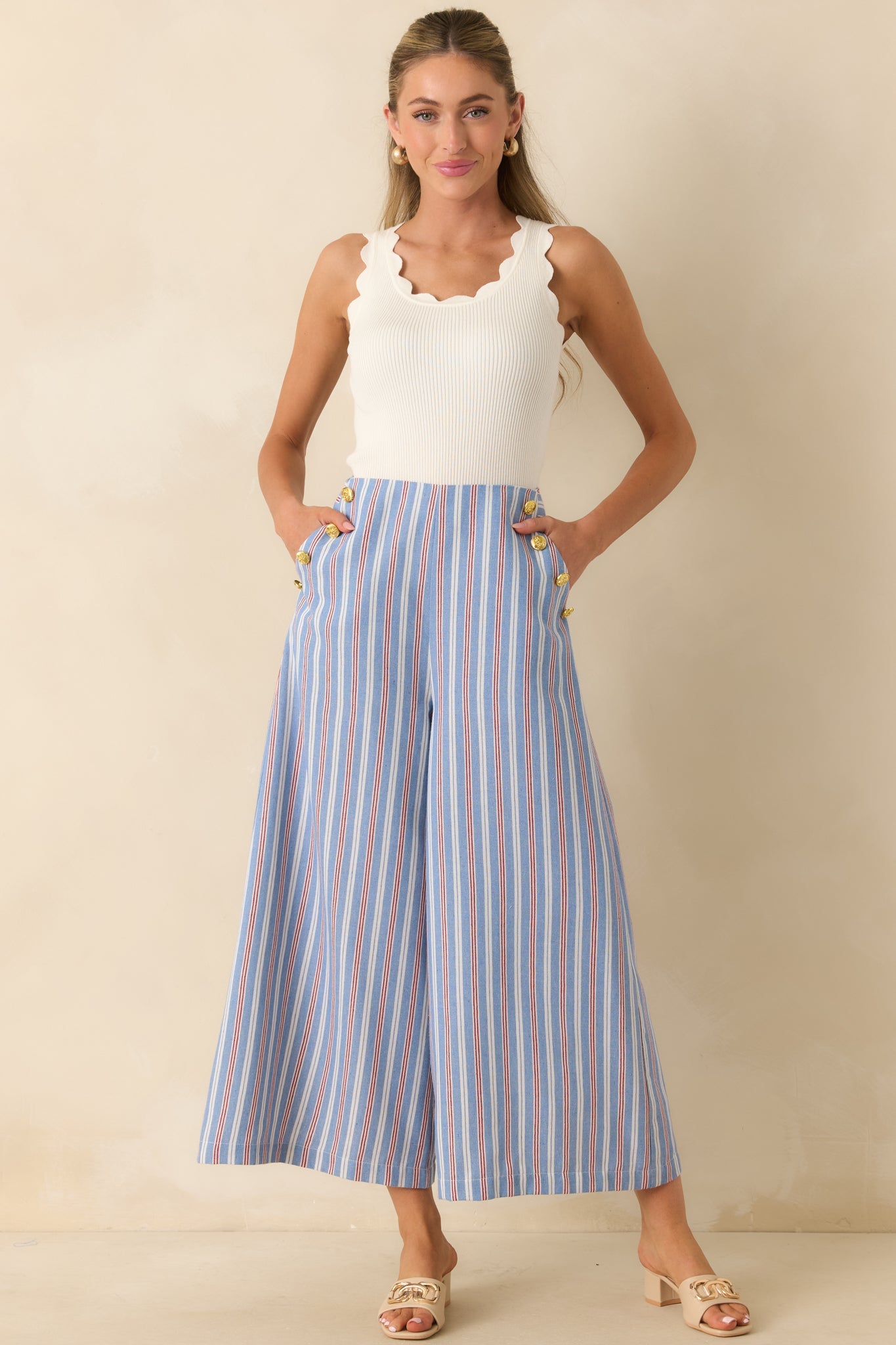 Prosperina Deitrich Blue & Red Stripe Wide Leg Cotton Blend Pants