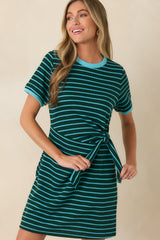 On Your Side Hunter Green & Blue Stripe Tie Mini Dress