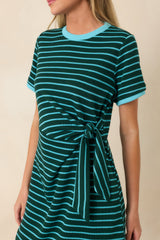 On Your Side Hunter Green & Blue Stripe Tie Mini Dress