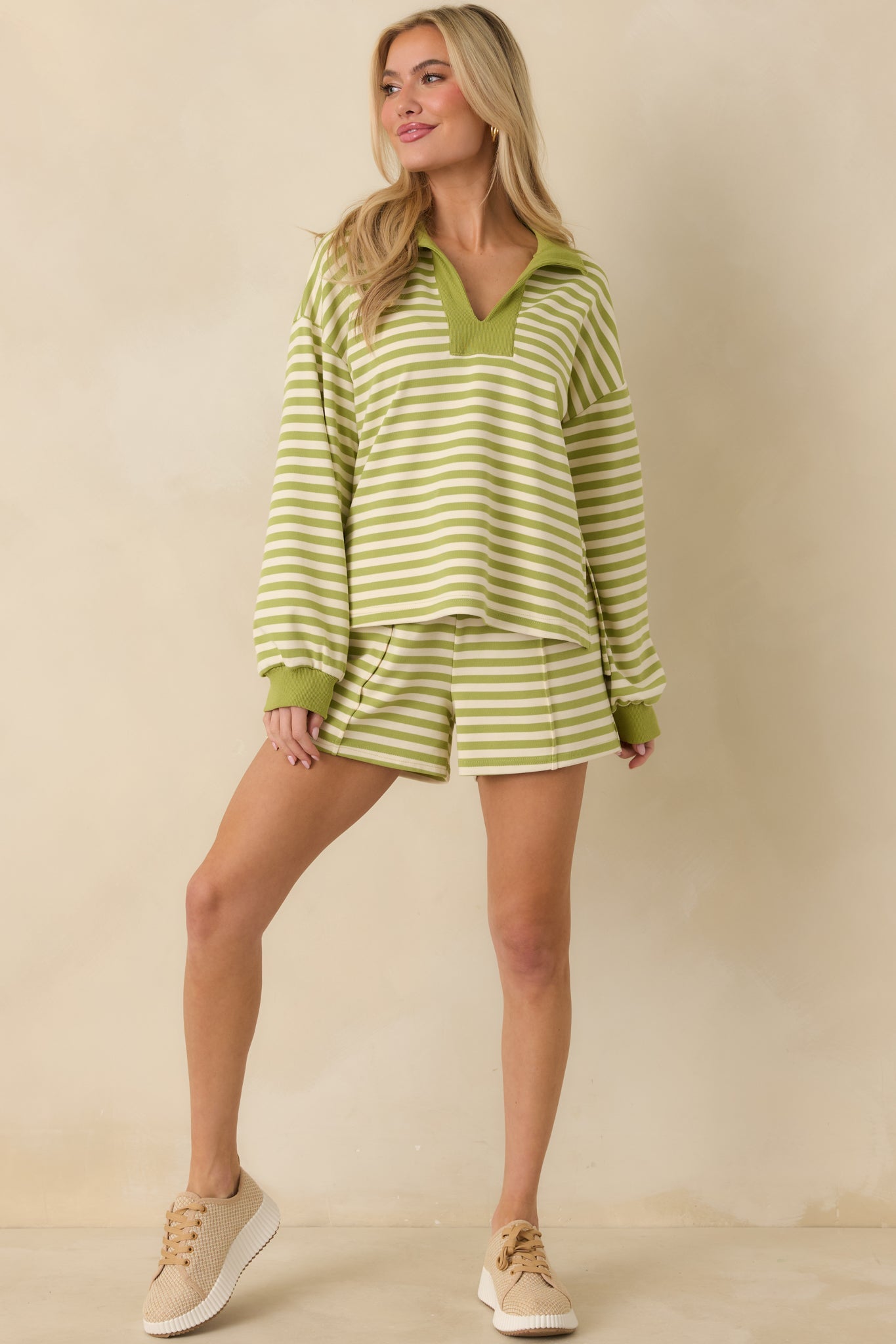 Smooth Strides Matcha Green Stripe Long Sleeve V-Neck Lounge Top