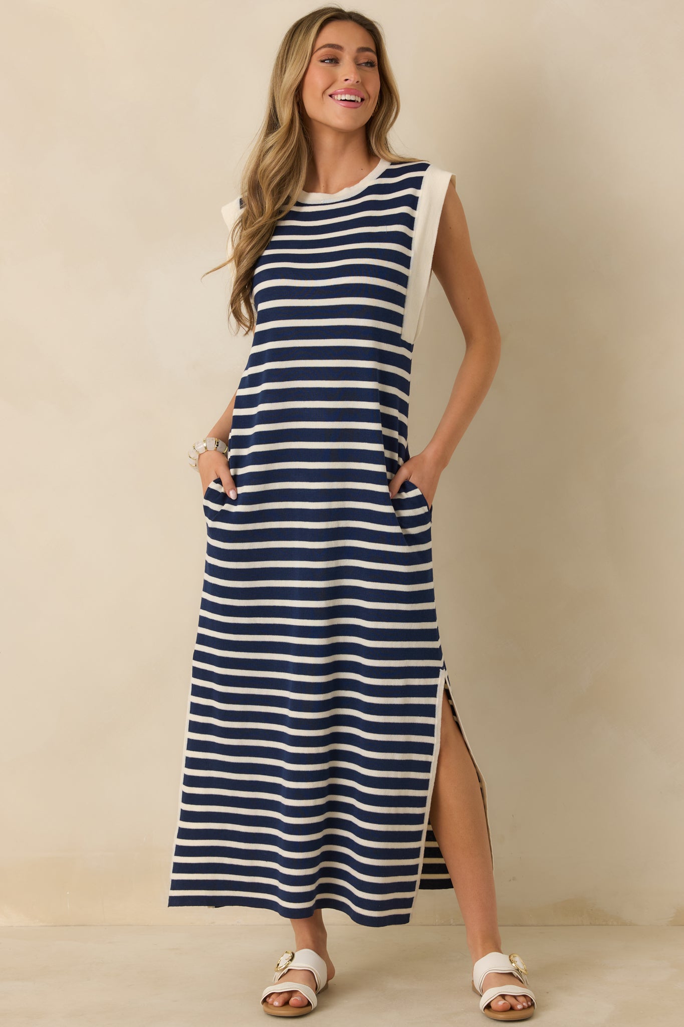 Keep It Straight Navy Stripe Stretch Knit Maxi Dress
