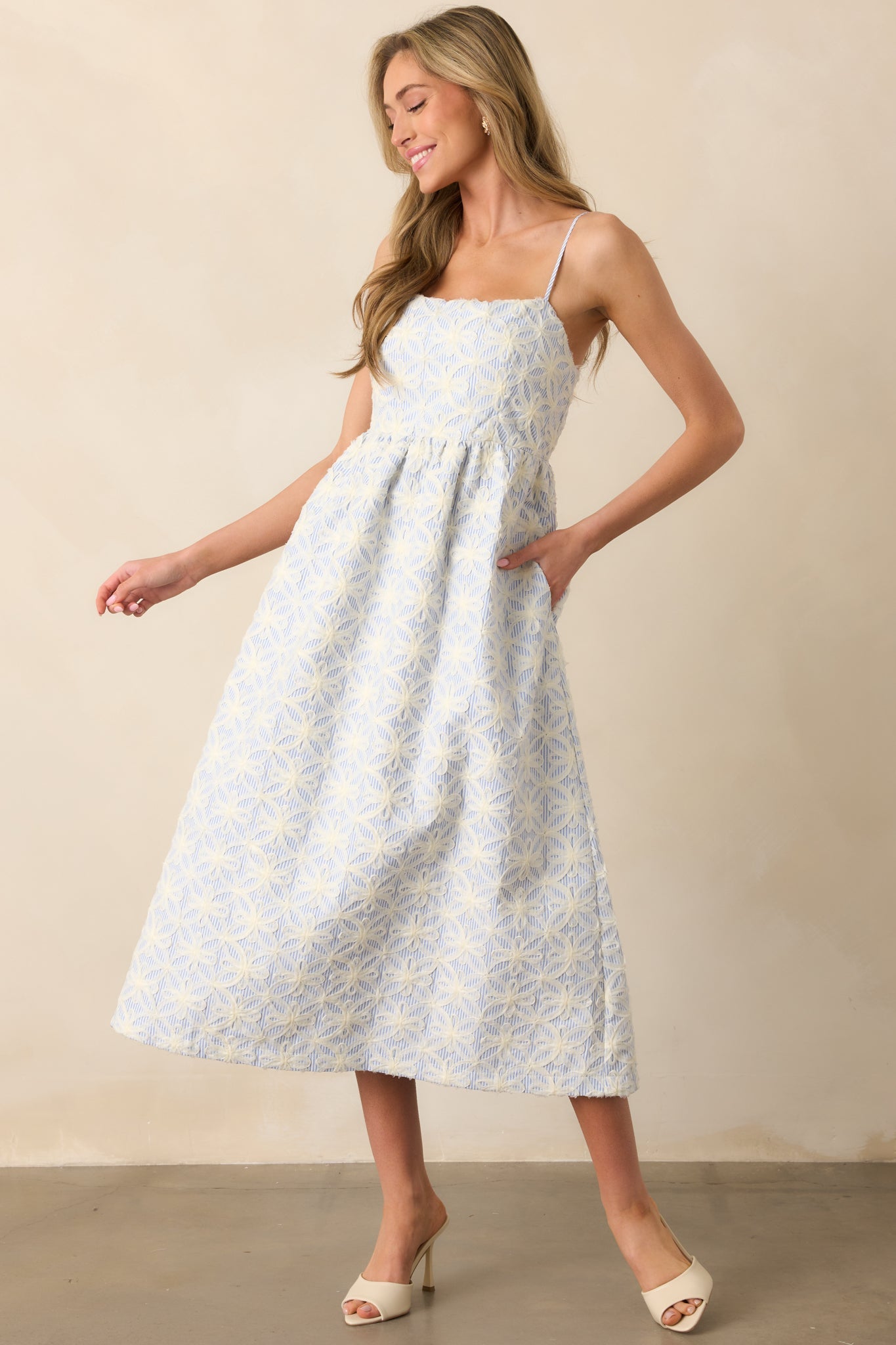 Where My Heart Is Light Blue Stripe Floral Appliqué Midi Dress