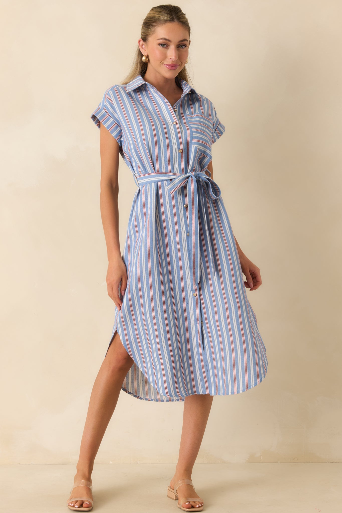Prosperina Jules Blue & Red Stripe Cotton Midi Shirt Dress