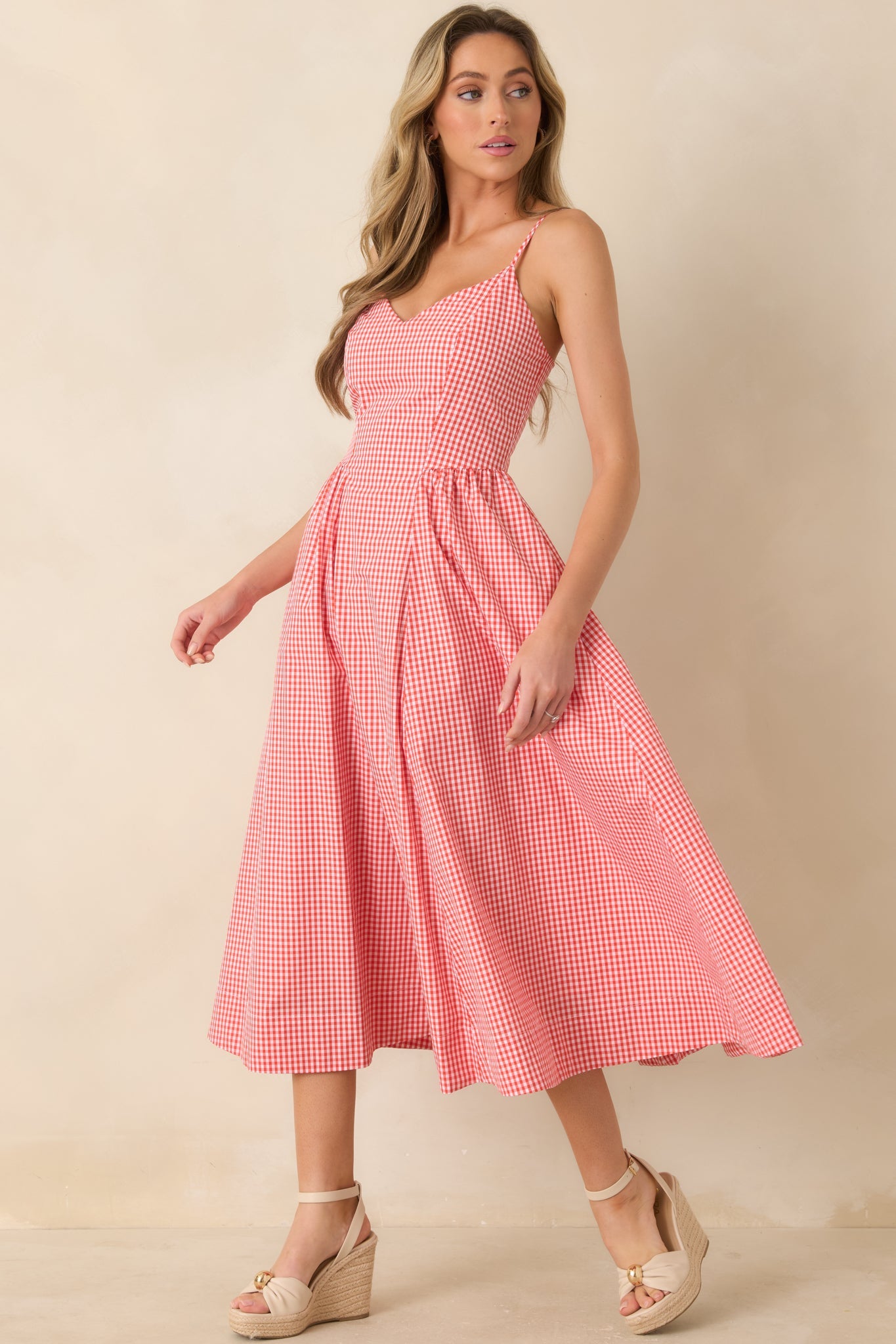Weekend on the Coast Poppy Red Gingham Sleeveless Midi Dress