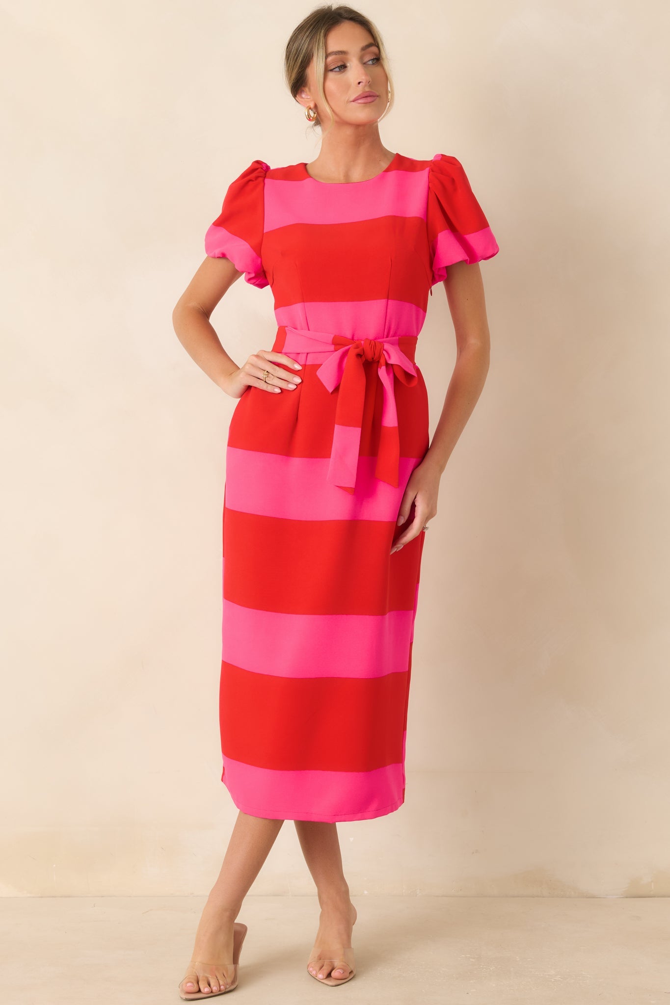 Boldly Yours Red & Pink Stripe Puff Sleeve Midi Dress