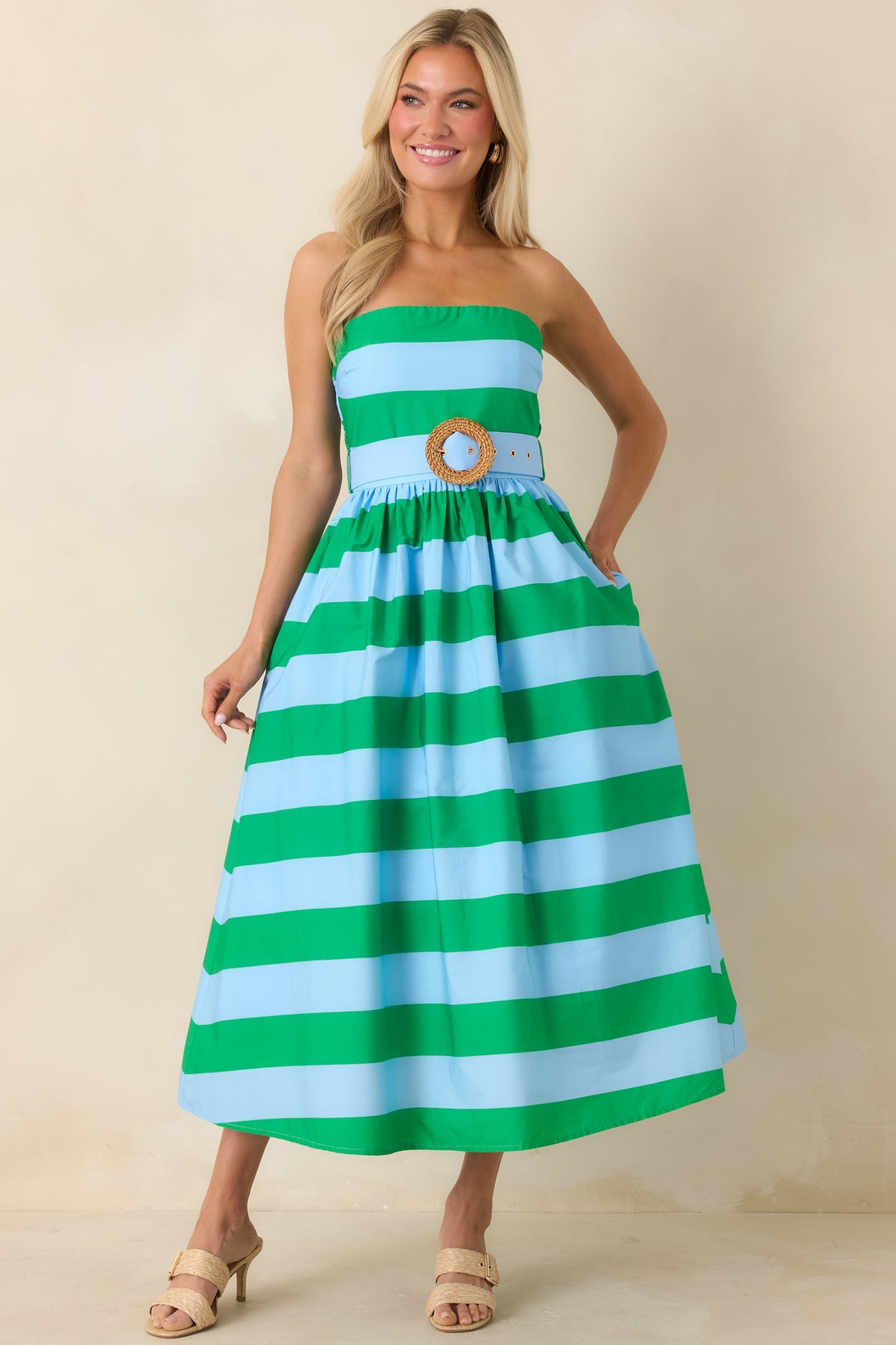 The Amanda Green & Light Blue Stripe Cotton Strapless Midi Dress