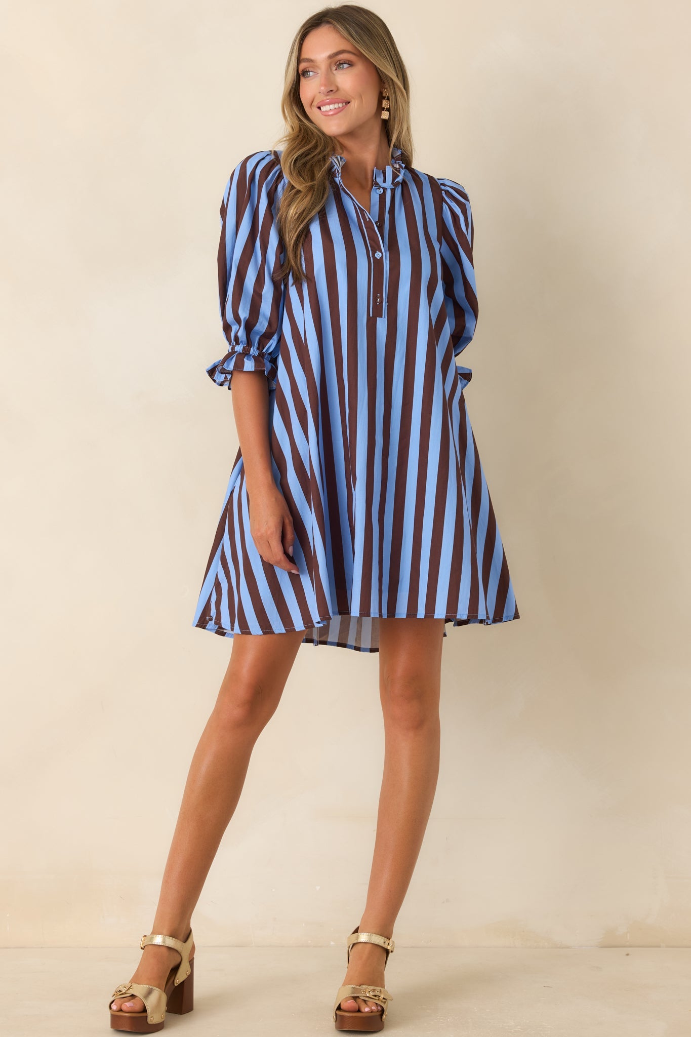 Here's the Plan Blue & Brown Stripe Cotton Mini Shift Dress