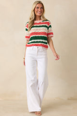 FRNCH Gelsomina Green & Coral Stripe Knit Sweater