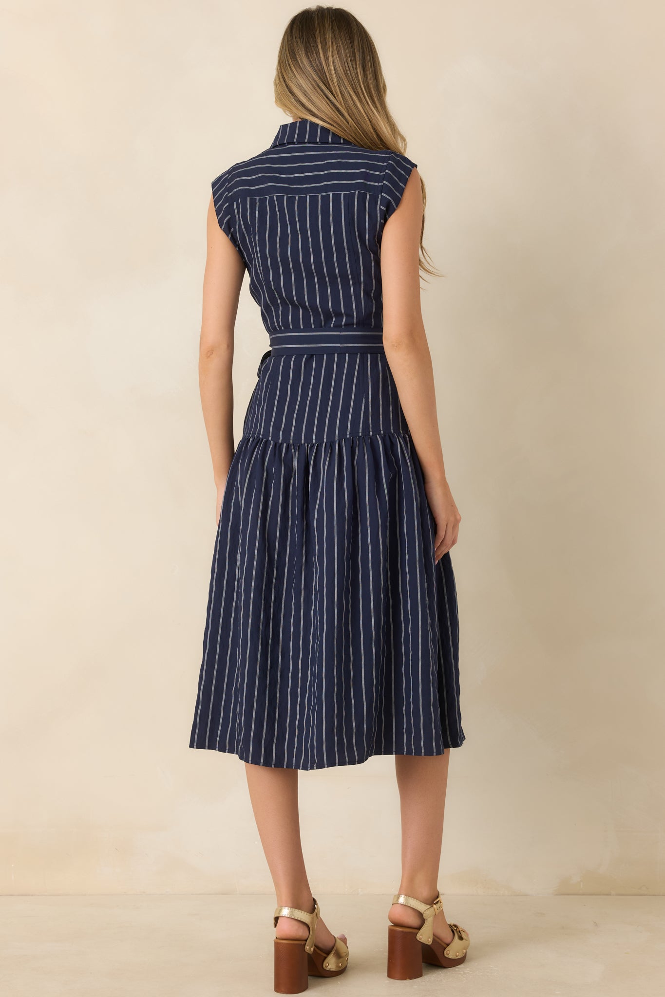 Always On Course Navy Striped Button Front Midi Dress