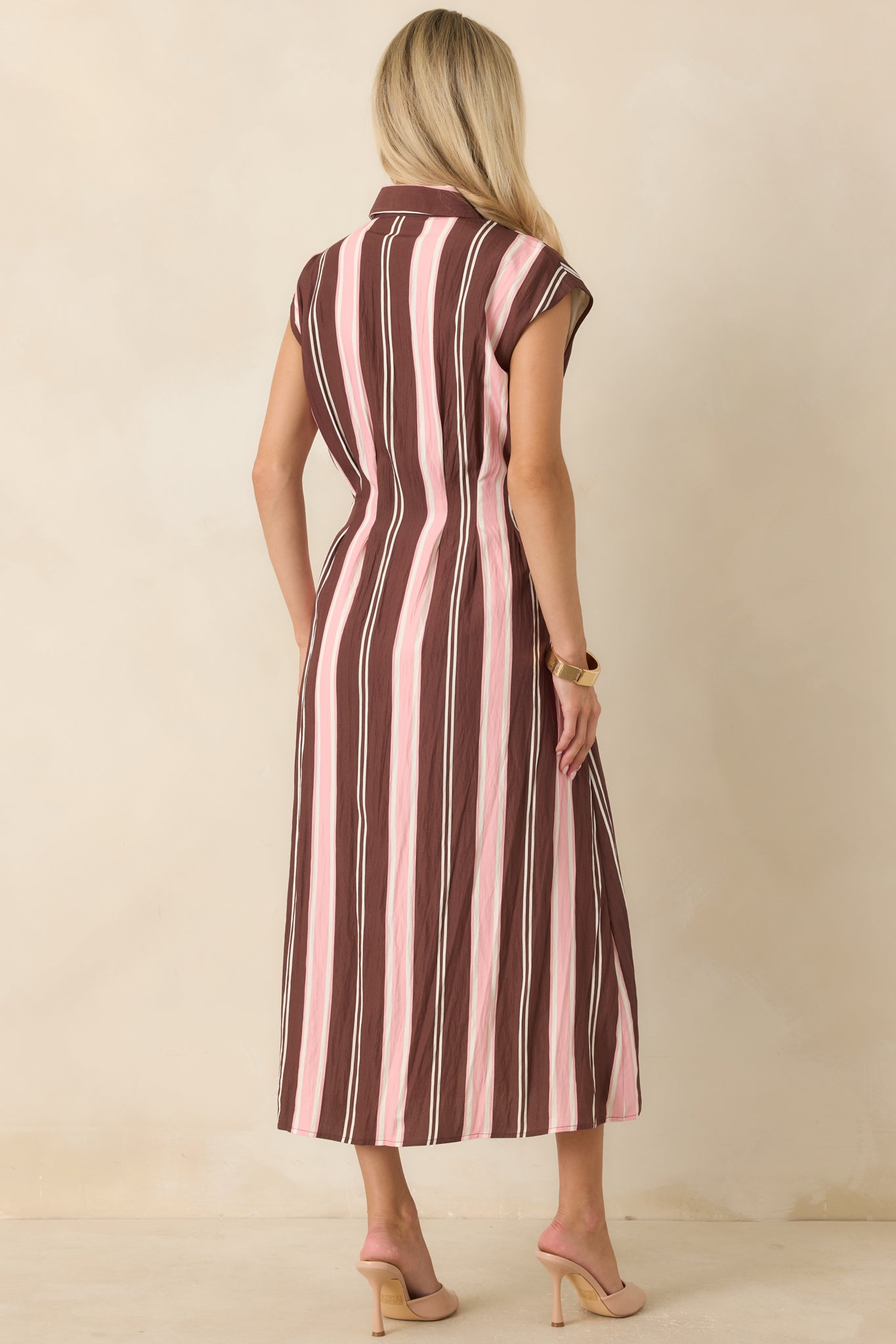Coffee & Conversation Brown & Pink Stripe Midi Shirt Dress