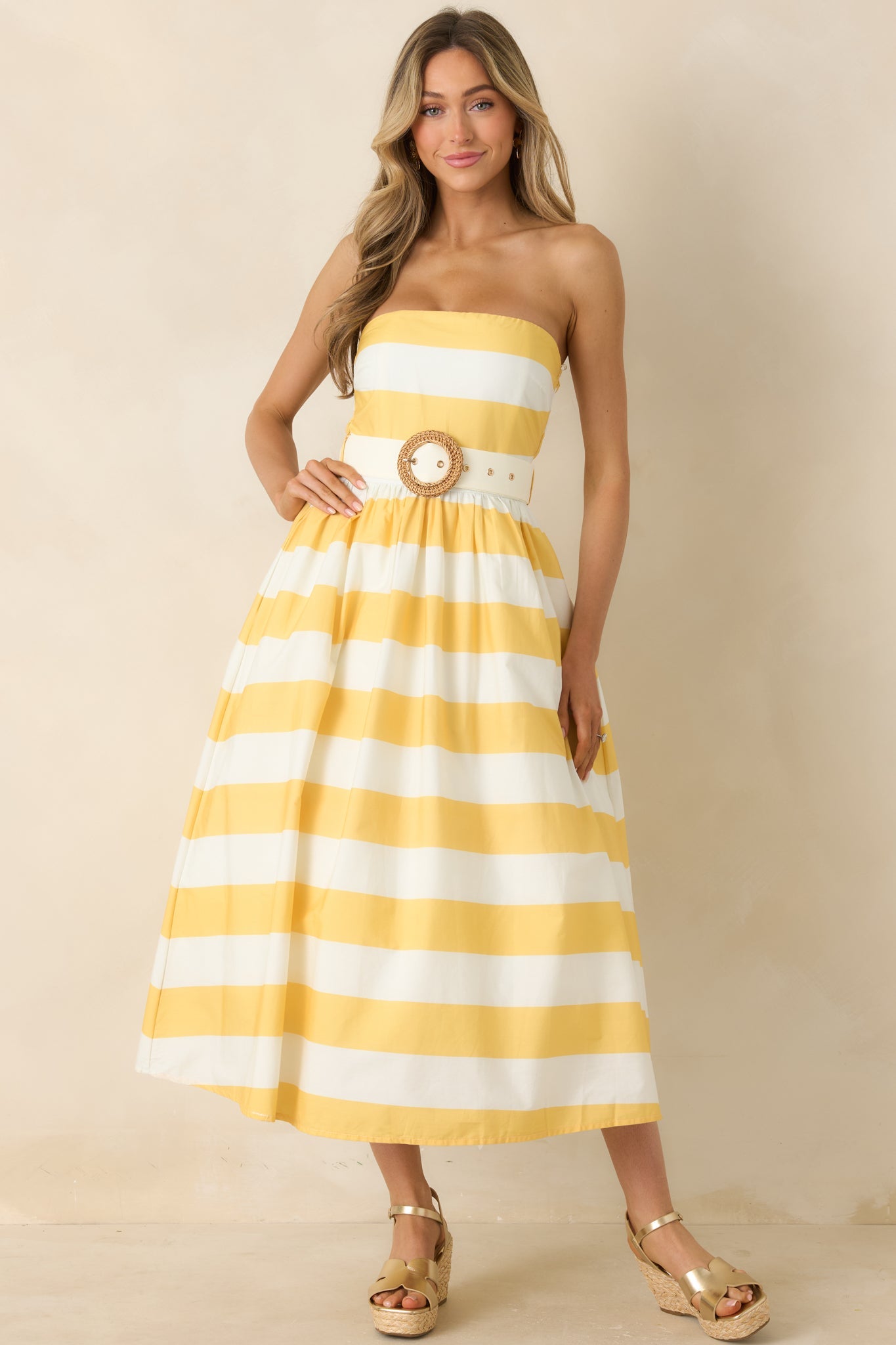 The Amanda Yellow & White Stripe Cotton Strapless Midi Dress