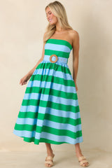 The Amanda Green & Light Blue Stripe Cotton Strapless Midi Dress