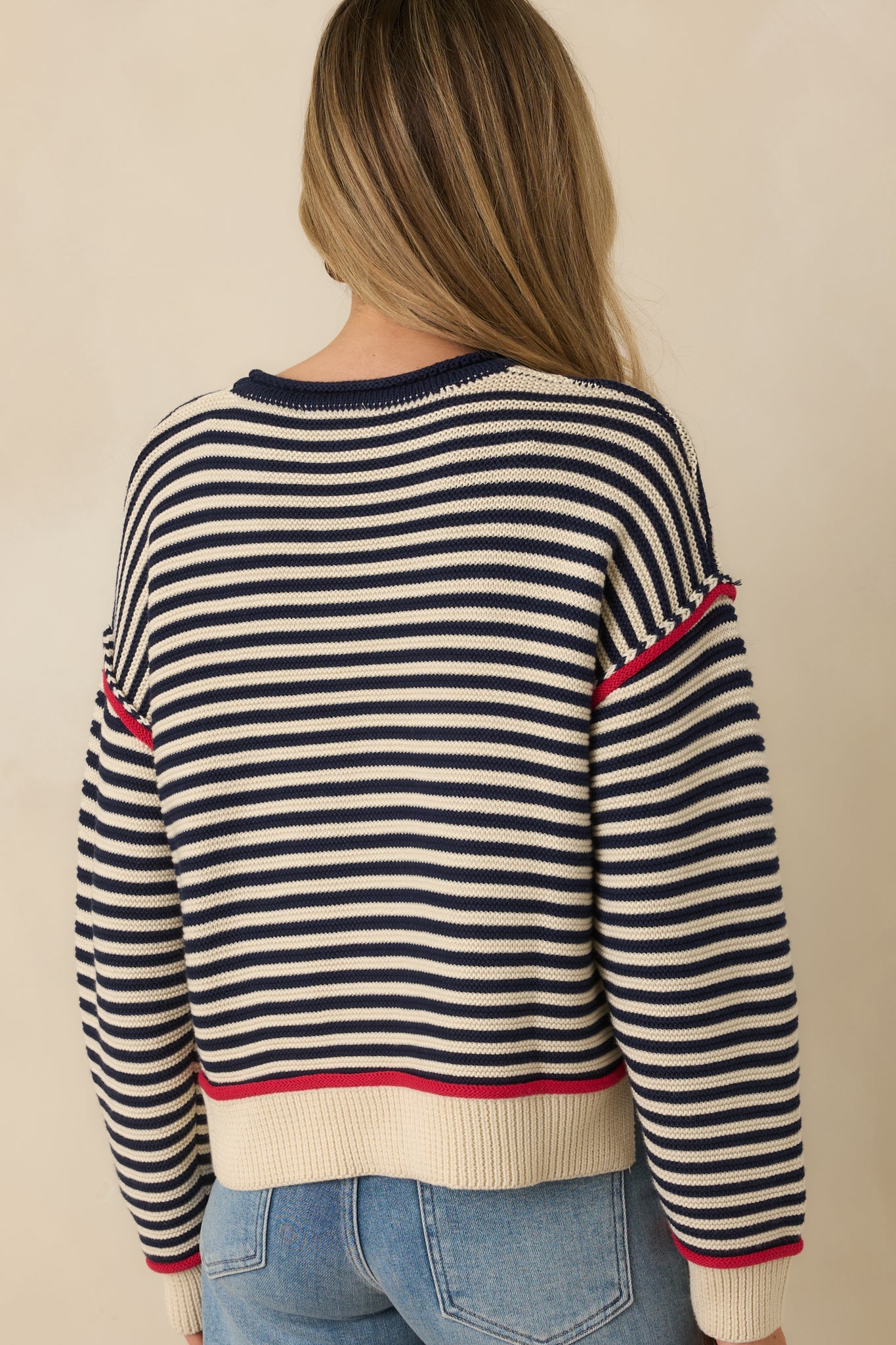 Sail With Me Navy Stripe Cotton Blend Crewneck Sweater