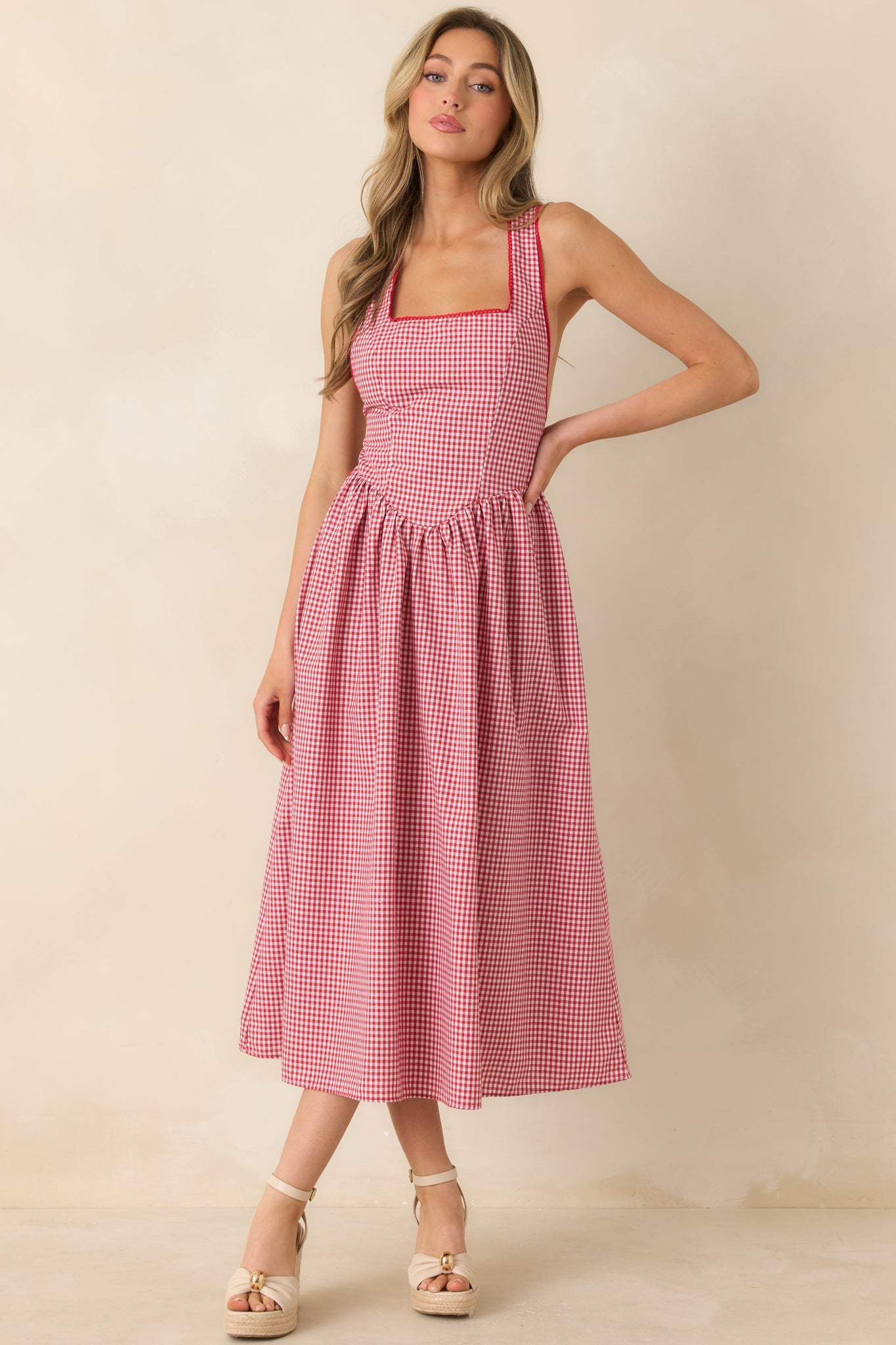 Just Because I Can Red Gingham Open Back Tie Maxi Dress