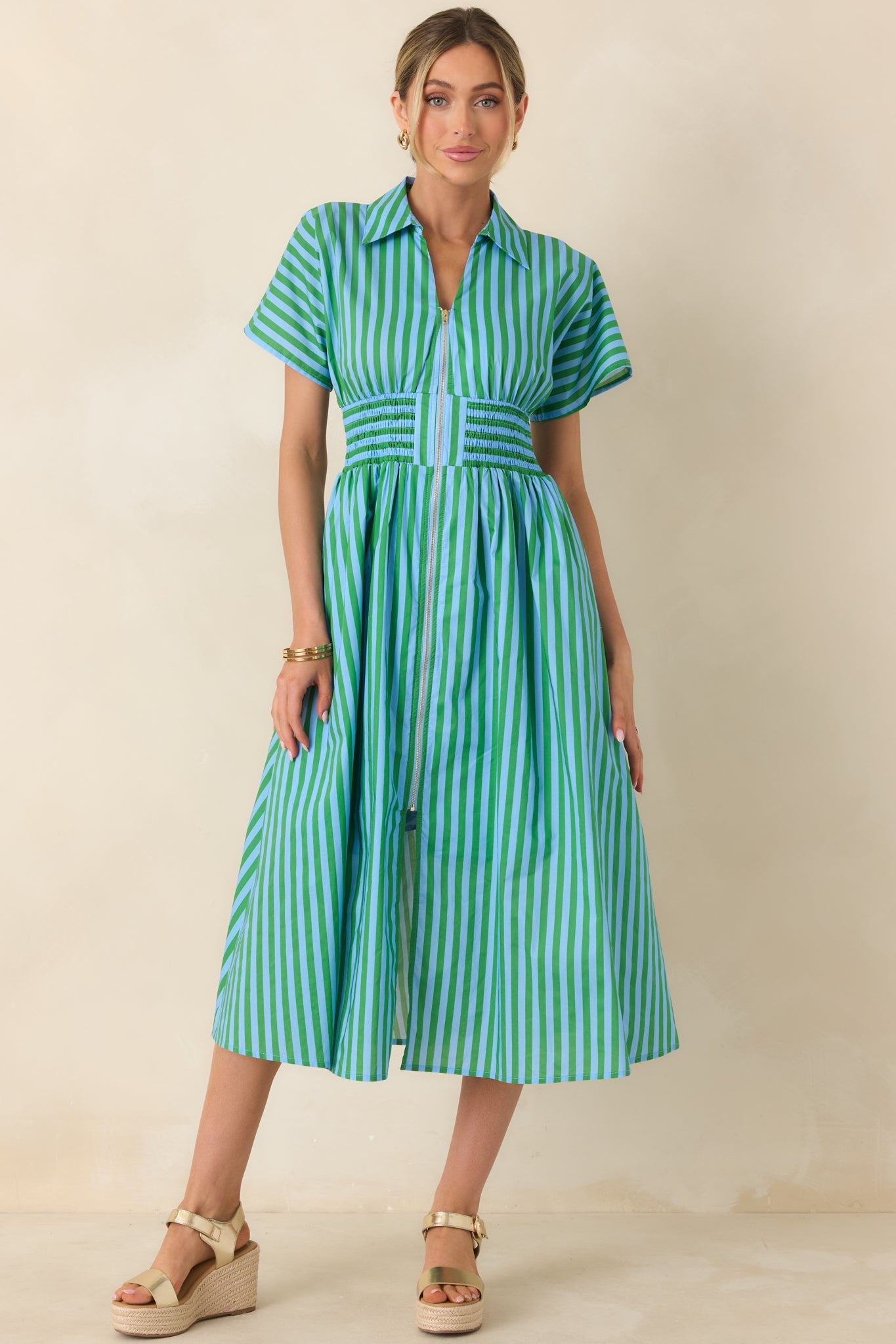 Put It in Motion Light Blue & Green Stripe Cotton Midi Dress