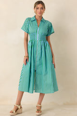 Put It in Motion Light Blue & Green Stripe Cotton Midi Dress