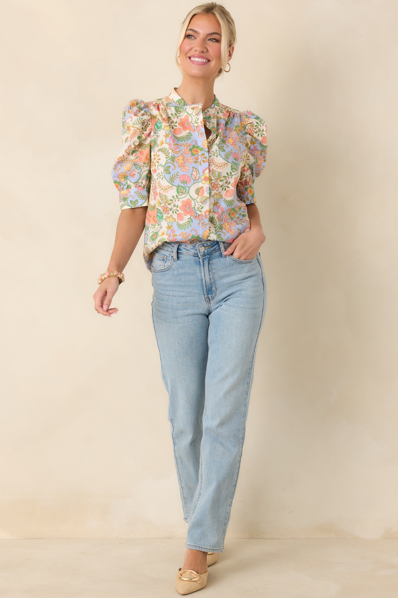 Somebody to Love Ivory Multi Floral Paisley Cotton Puff Sleeve Blouse