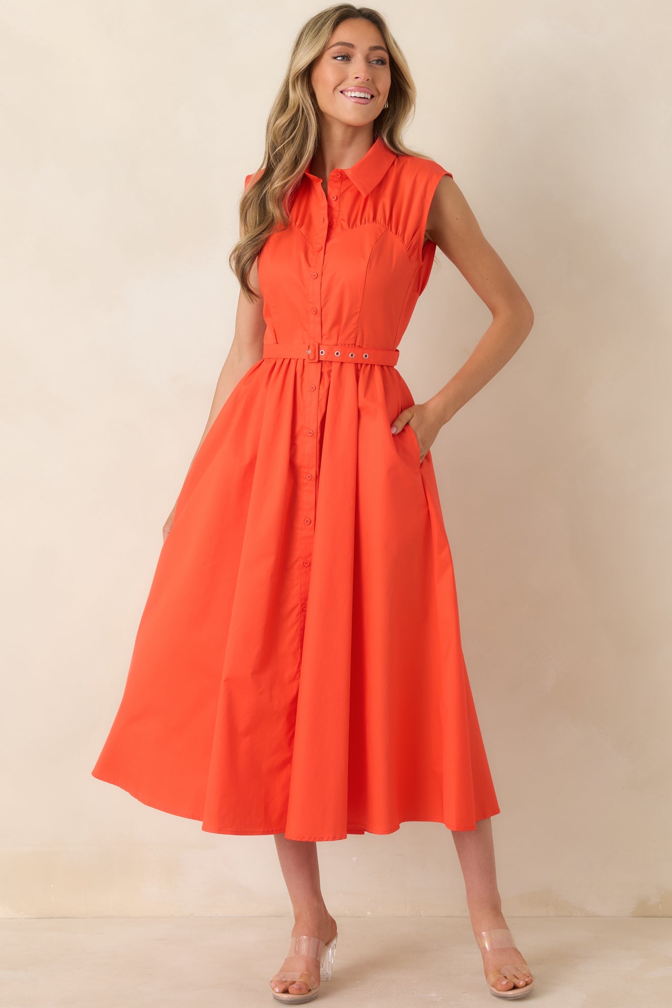 Hello Gorgeous Orange Cotton Belted Sleeveless Midi Dress