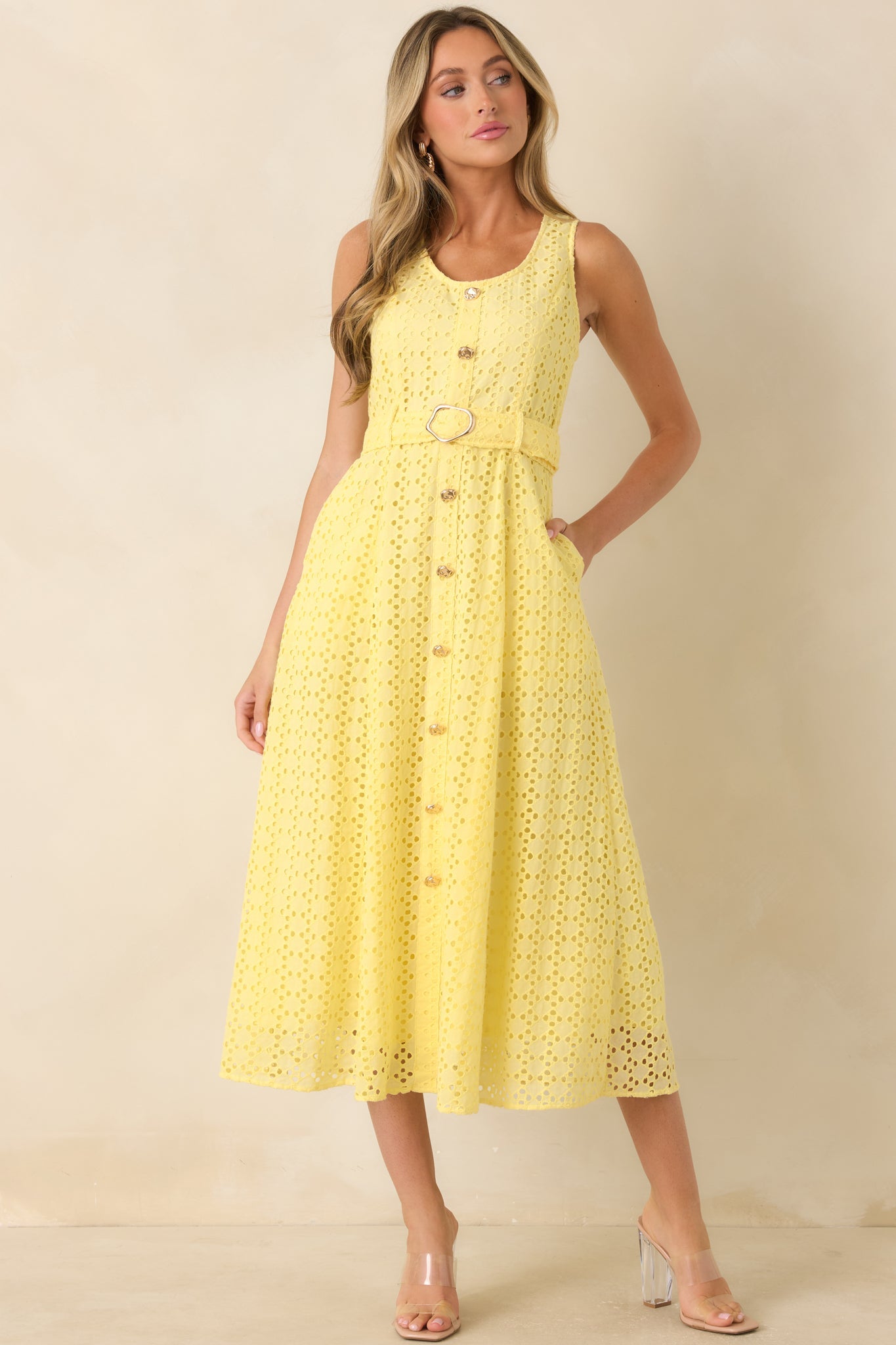 Garden Society Yellow Cotton Eyelet Sleeveless Midi Dress