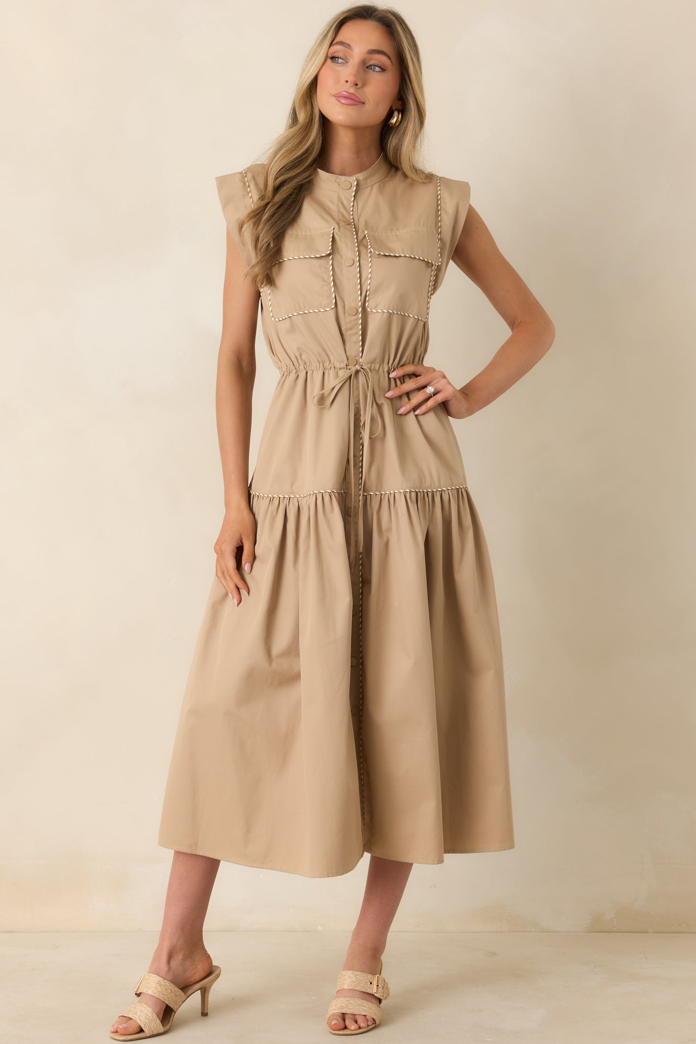 Ready For Anything Tan Button Front Utility Midi Dress