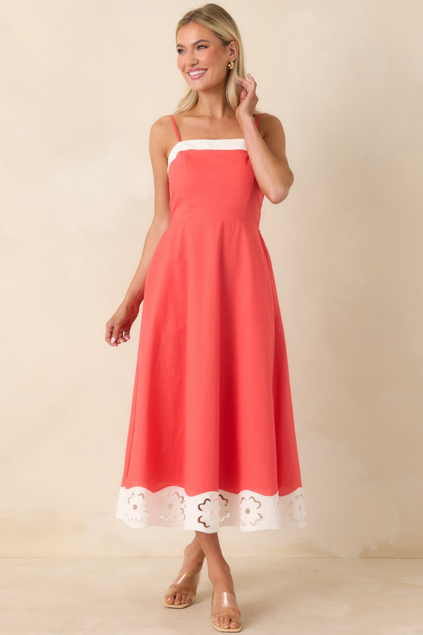 Cut Out for It Poppy Red & Ivory Cotton Linen Floral Cutout Midi Dress