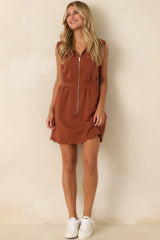 Zip Through the Day Rust Zip Front Scalloped Hem Mini Dress