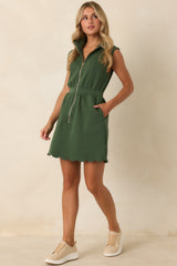 Zip Through the Day Green Zip Front Scalloped Hem Mini Dress