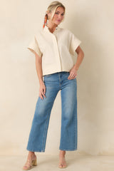 Pretty In Power Natural Cotton Linen Button-Front Mock Neck Top