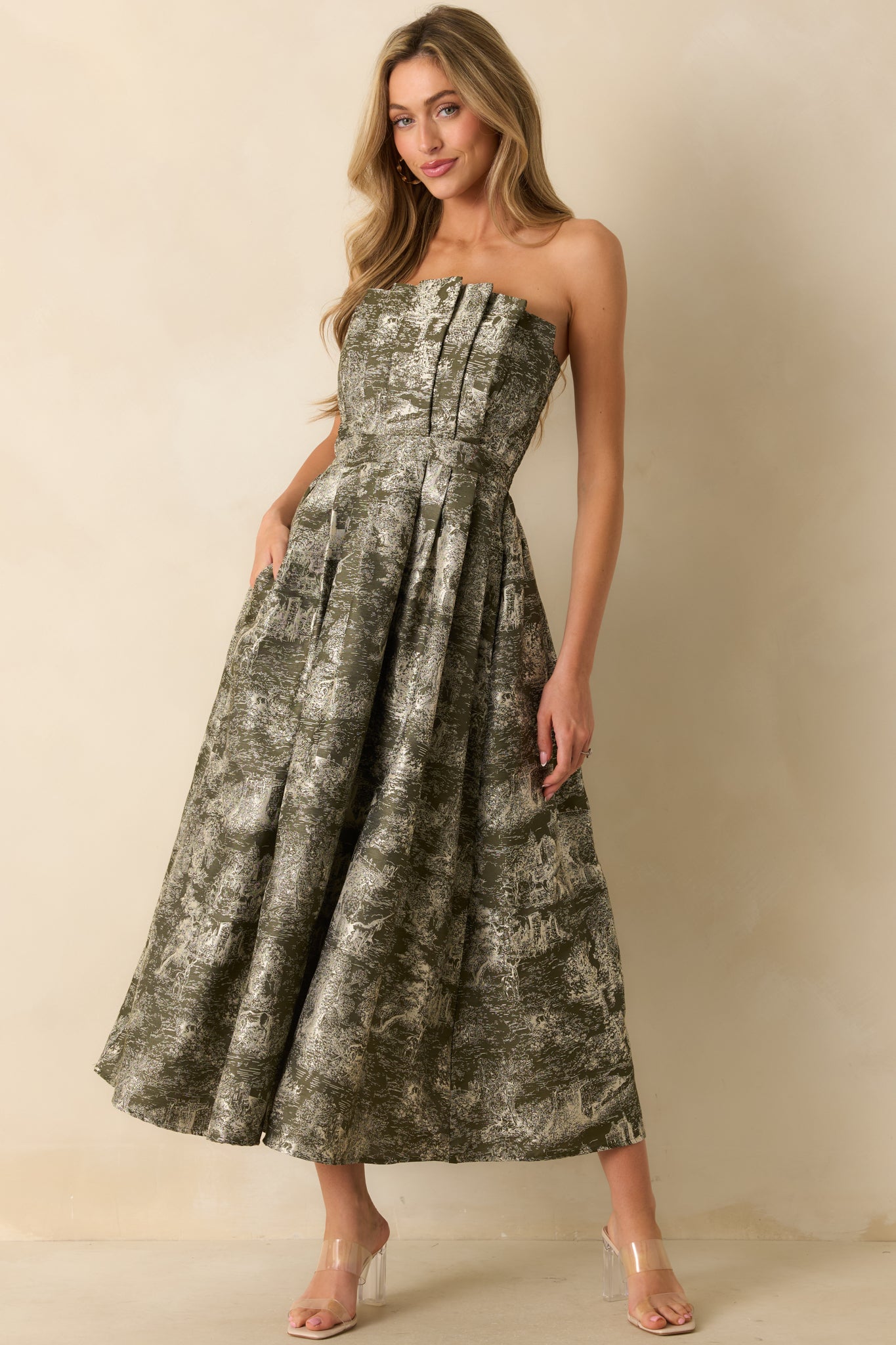 The Genevieve Olive Storybook Toile Jacquard Strapless Midi Dress