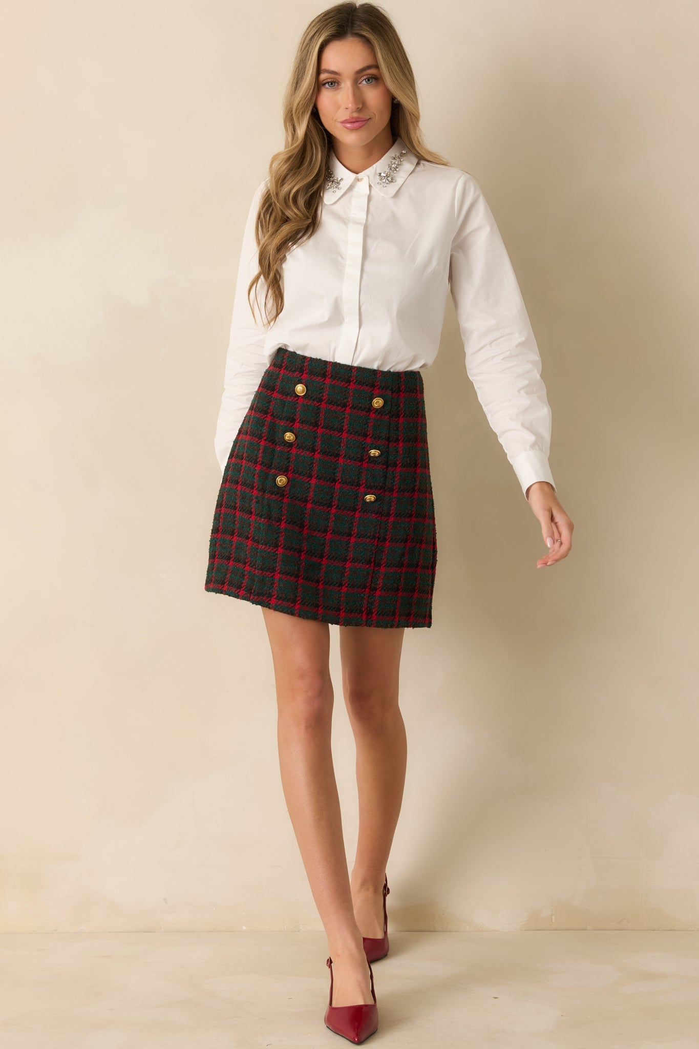 Prosperina Gardner Green Multi Plaid Tweed Mini Skirt
