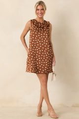 Love in Plain Sight Brown Polka Dot Bow Mini Shift Dress